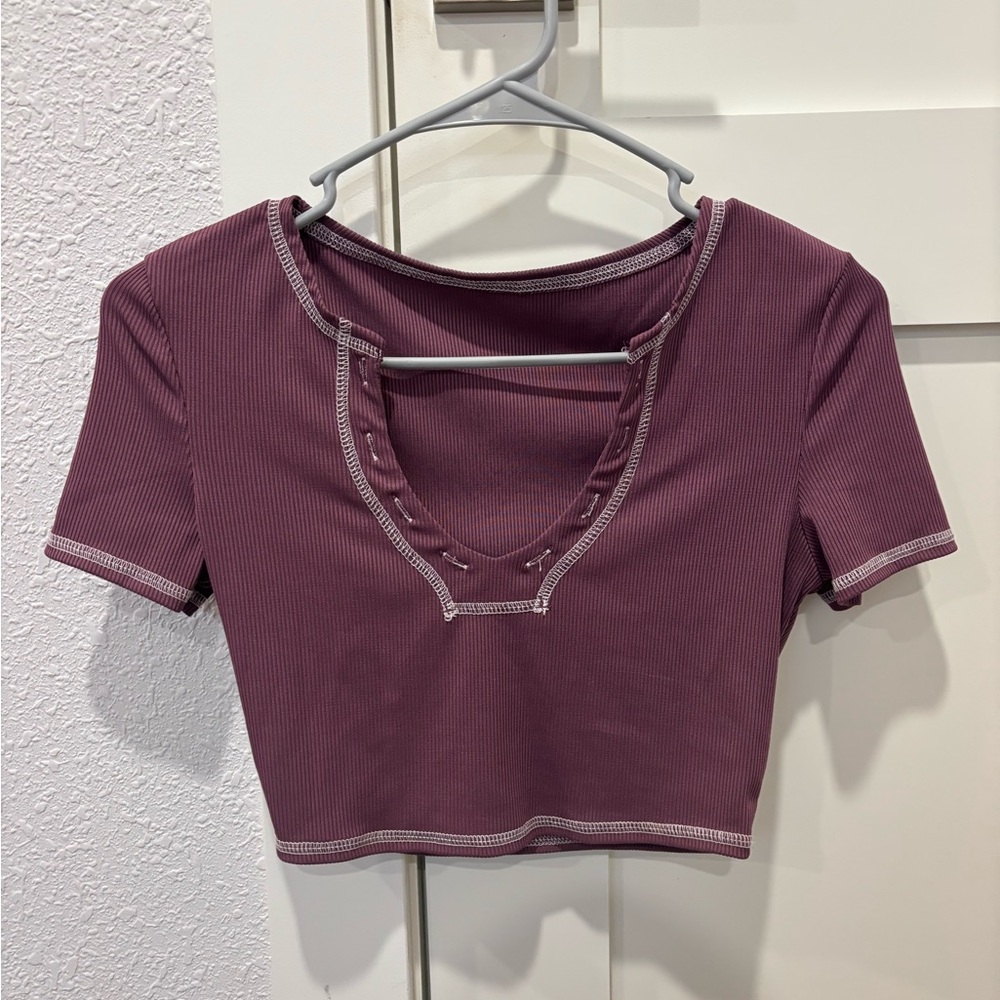 Dark purple crop top with white stitching #croptop